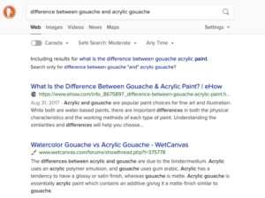 DuckDuckGo search results for the difference between gouache and acrylic gouache