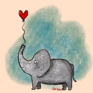 love is a gossamer thing - illustration by Cecily Walker. Illustration is a colored pencil illustration of an elephant with a heart-shaped balloon tied to its trunk.